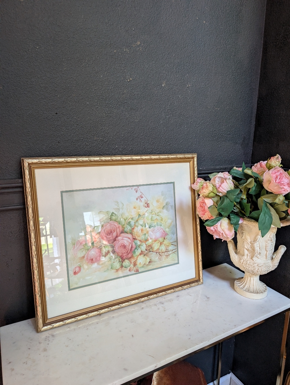 Vintage Large Water Color Sonia Ames Print in Gold Wood Detail Frame  20" x 24"